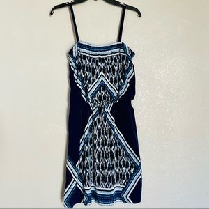 Express Strapless Blue & White Geometric Printed Mini Dress - Size S